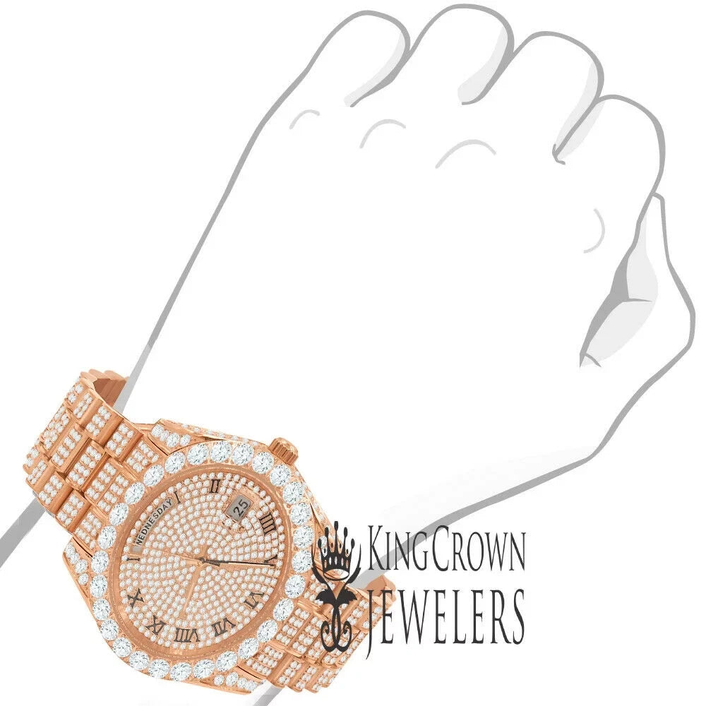 18K Rose Gold Tone Full Steel Day-Date Roman Face Solitaire Bezel Mens SimuLatitudeed Diamond Watch 40mm