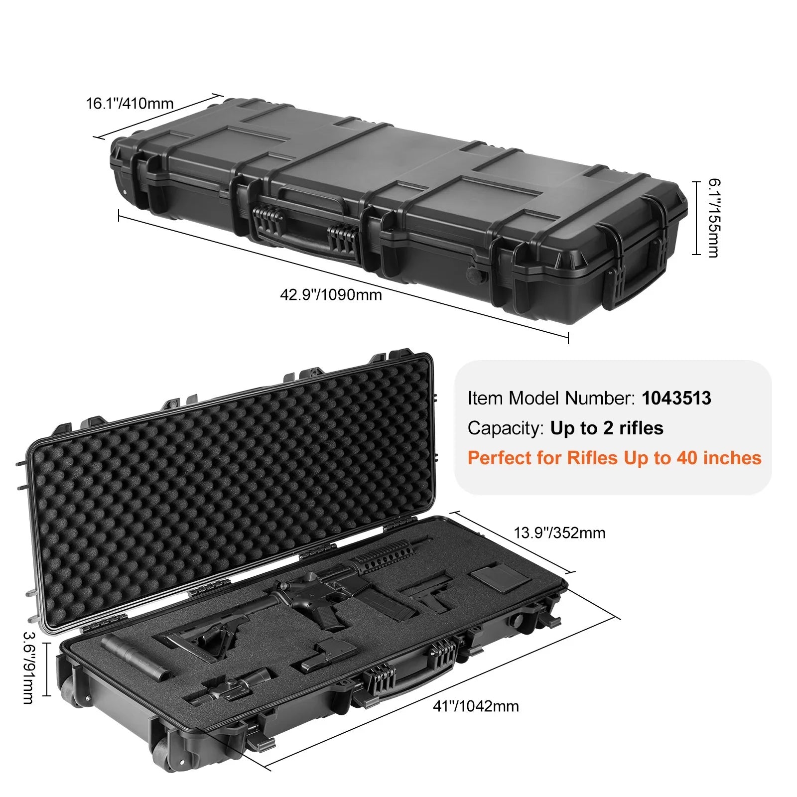 SKYSHALO Rifle Case, Rifle Hard Case with 3 Layers Fully-protective Foams, 42 inch lockable Hard Gun Case with Wheels, IP67 Waterproof & Crushproof, for Two Rifles or Shotguns, Airsoft Gun