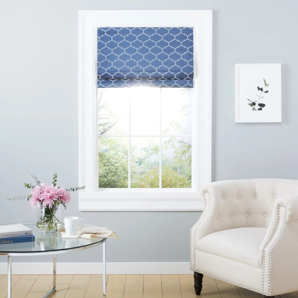 Exclusive Home Montague Trellis Total Blackout Roman Shade, 23"x64", Indigo