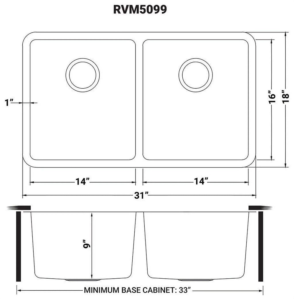 Ruvati USA RVM5099 31 in. Undermount 50-50 Double Bowl 16 Gauge Stainless Steel Kitchen Sink