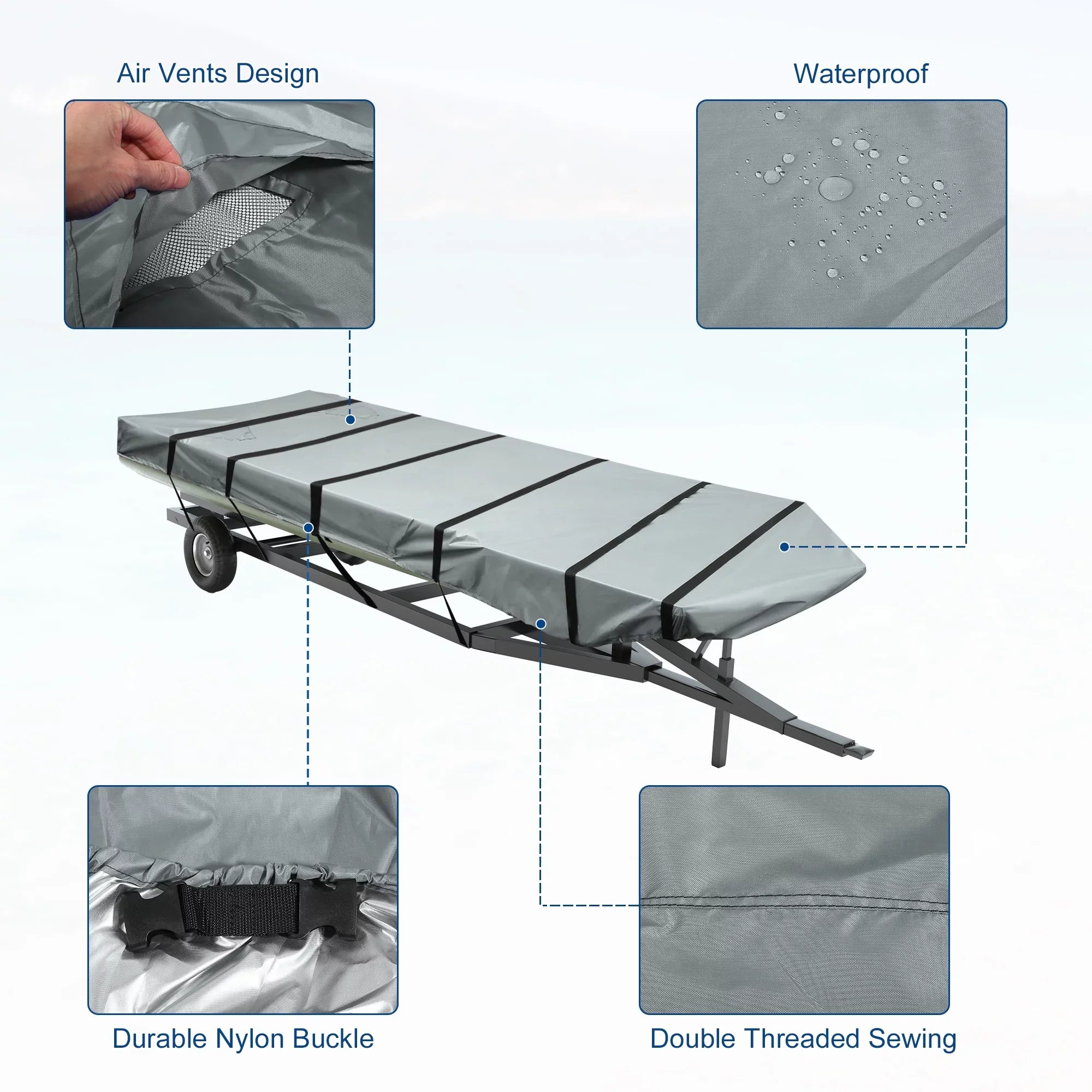 Unique Bargains 1 Set 12"-14"x56" Jon Boat Cover 210D Polyester Air Vents Waterproof Sunshine Resist Boat Cover Gray