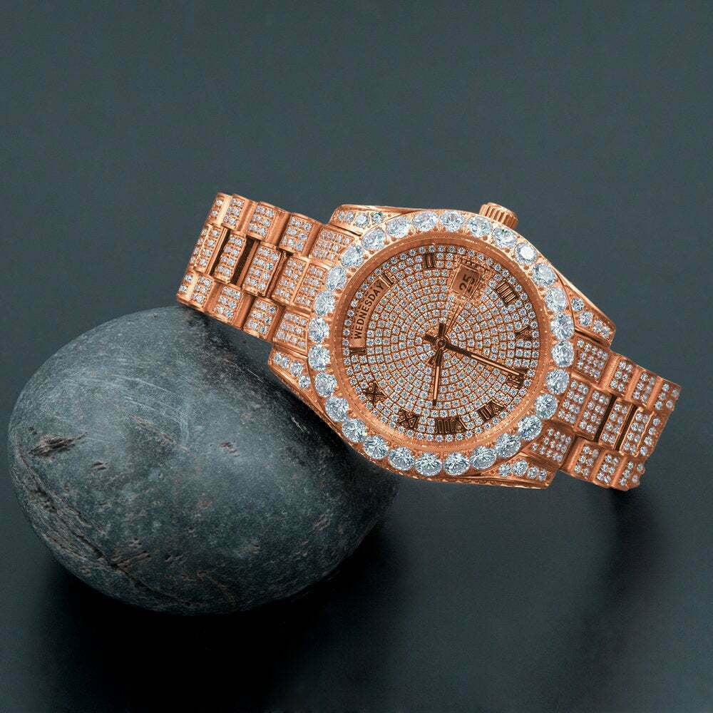 18K Rose Gold Tone Full Steel Day-Date Roman Face Solitaire Bezel Mens SimuLatitudeed Diamond Watch 40mm