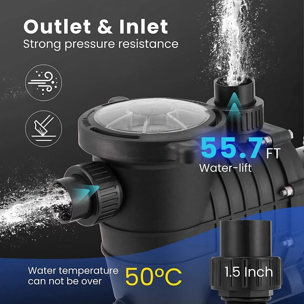 Wuzstar 2HP Pool Pump In/Above Ground Swimming Pool Pumps Motor W/Strainer 410-300L/min 118GPM, 110-120V