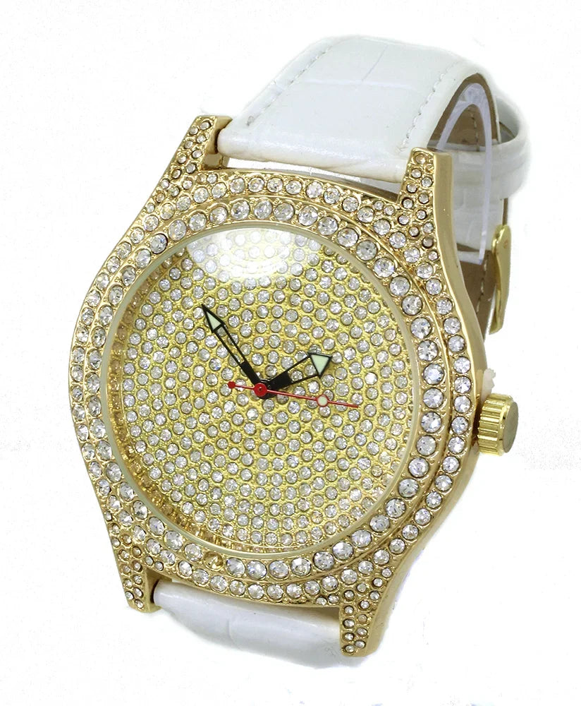 Gold Tone Ice Out Clubbing Watch, Cubic Zirconia White Leather Strap 50x60 Case