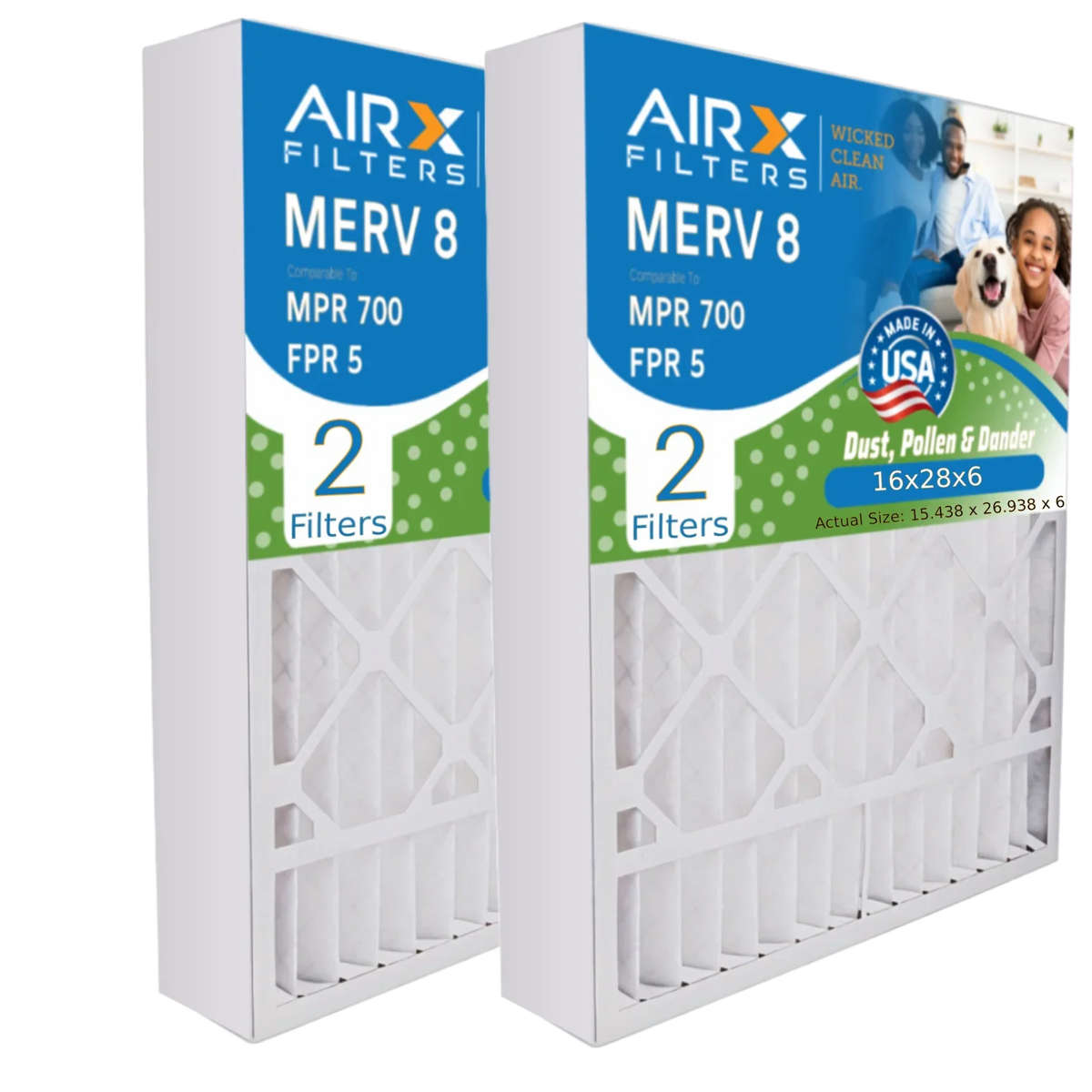 16x28x6 Air Filter MERV 8 Comparable to MPR 700 & FPR 5 Compatible with Aprilaire 401 Premium USA Made 16x28x6 Furnace Filter 2 Pack by AIRX FILTERS WICKED CLEAN AIR.