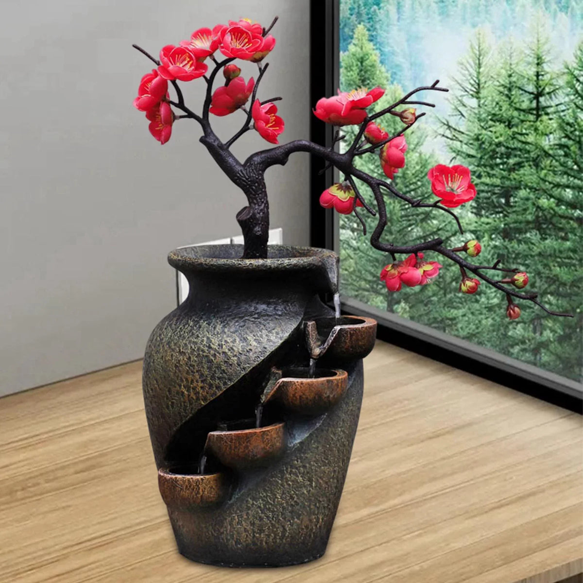 Creative SimuLatitudeion VaseThree-dimensional Tabletop Water Fountain Soothing Relaxation Flower Vase Craft Feng Shui Waterfall Fountains for Garden Office Living room Desk Decor Gifts