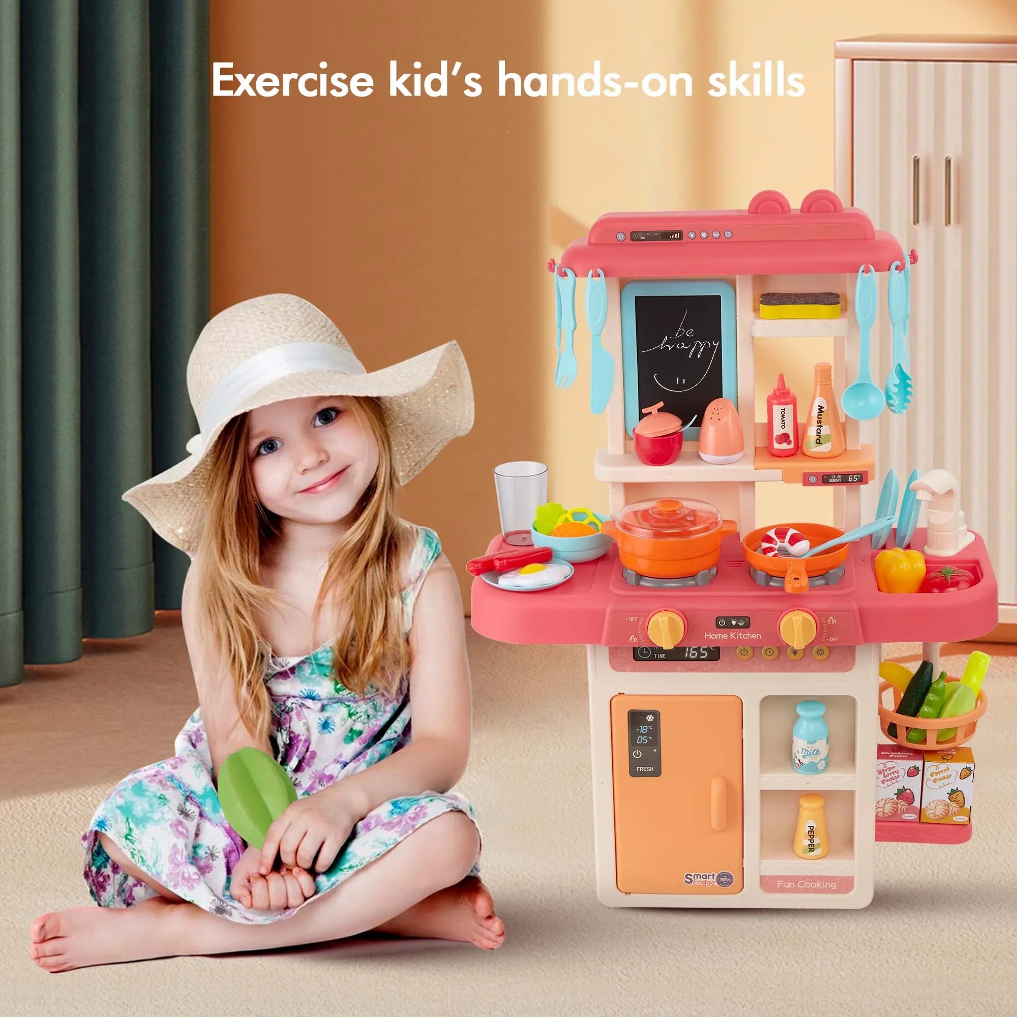 Play Kitchen Set for Kids Pretend Food, 42-Pack Kitchen Toys for Toddlers, Toy Accessories Toddler Set with Real Sounds and Lights, Educational Preschool Toys for Girls Boys, Pink